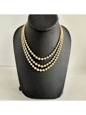 Delicate Three-Strand Faux Pearl Necklace with Ornate Silver-Tone Box Clasp 14 I